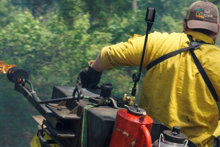 A Tall Timbers Staff member leads the ignition of private land prescribed fire on an ATV-mounted torch. (Photo: Brian Wiebler)