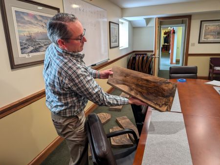 After spraying water on the stock, Krieghoff International CEO Alex Diehl shows the author a blank from the company’s inventory.